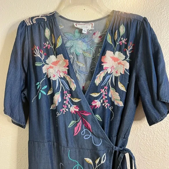 Johnny Was Nico chambray floral embroidery wrap dress